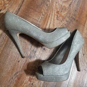 ALDO Silver Shoes 40 Glitter 9 Heels Formal Wedding Stiletto Grey